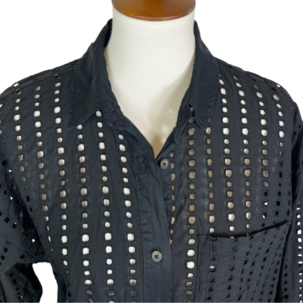 CALIA Black Eyelet Button Down Shirt Women’s Size Medium 100% Cotton Sheer Boho - Picture 3 of 10